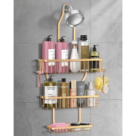 MSAICOE Shower Caddy Hanging - Never Rust Shower Hanging Organizer - Aluminum Over the ShowerHead Caddy with Soap Basket and 6 Razor/Sponge Hooks (Gold)