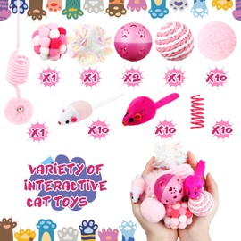 Gemscream 46 Pcs Cat Toys Set Interactive Cat Toys Include Fur Mice Rattle Cat Springs Crinkle Balls Pompom Bell Sisal Ball Puzzle Chase Toys Assorted for Gift Indoor Kitten(Pink)