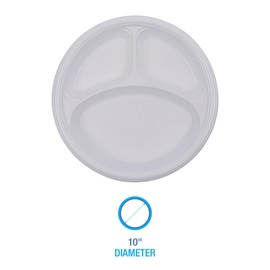 Boardwalk Hi-Impact Plastic Dinnerware, Plate, 3-Compartment, 10" dia, White, 500/Carton