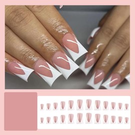 Gentle Claws Press On Nails - French Duck Nail | French Style | Pink Tip Press On Nails with White Tip | Medium Duck Nails with Design, 24 Pcs Reusable Fake Nails