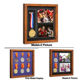 IHEIPYE Medal Display Shadow Box - Single Medal Display case - Perfect Medal Display for Runners, Marathon, Race Winner,Soccer, Gymnastics & All Sports Walnut,12x12