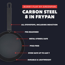 GreenPan x Bobby Flay 8" Carbon Steel Frying Pan Skillet, Pre-Seasoned Ready to Use, Nontoxic, PFAS-Free, Induction Compatible, High Heat & Oven Safe Durable Cookware, Cast Iron Alternative