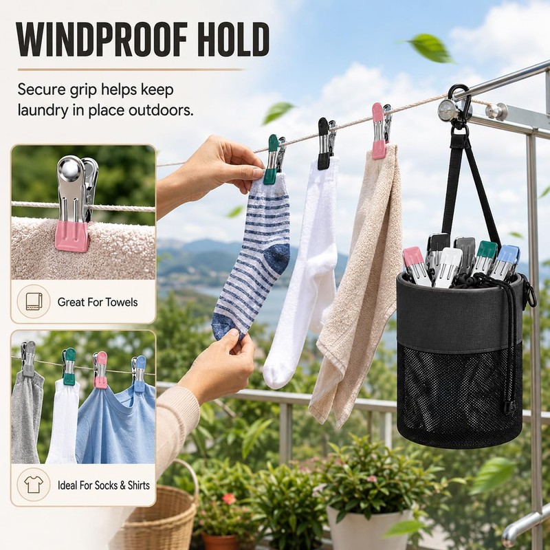 1PCS Peg Bag for Washing Line with Strap 64PCS Stainless