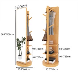 OCKYOOZ Full Length Mirror with Coat Rack, Coat Tree with Shelf, Wood Rotatable Coat Hanger Freestanding, Clothes Hanger Rack, Hat and Coat Hanger Stand for Entryway, Bedroom, Living room(Light Color)