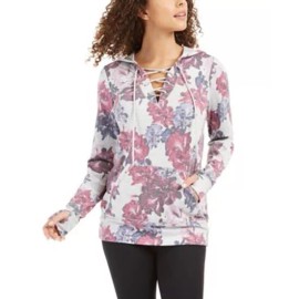 Ideology Space-Dyed Lace-Up Hoodie, Floral Grey M Has Thumb holes  - NEW 11