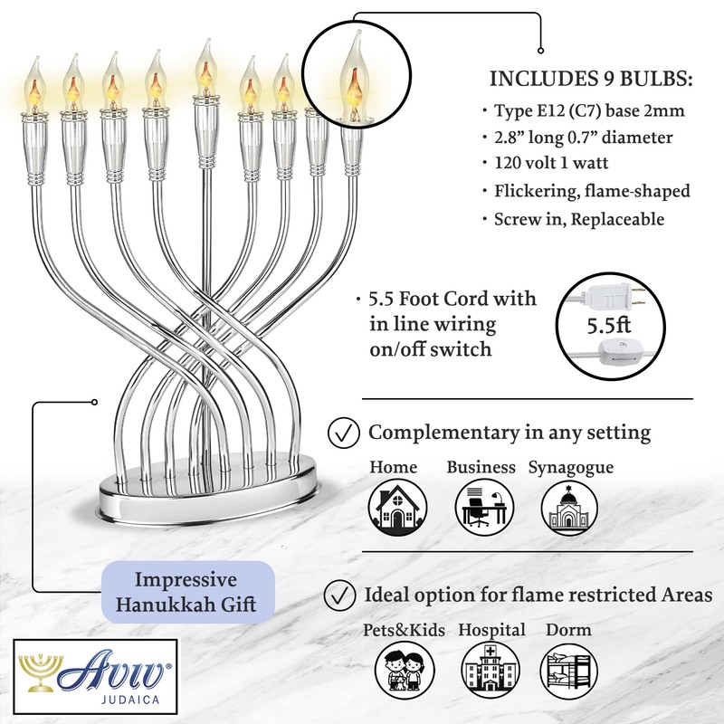 Aviv Judaica Large Branched Electric Menorah Chrome-Plated Polished 15" Tall