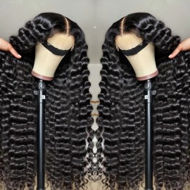 Ready to Shipping 13x6 HD Full Lace Frontal Wigs 180% Density Deep Wave Lace Front Wigs Natural Color Human Hair Pre Pluckedstyle: Deep Wave, color: natural, stretched length: 22", Lace Size: 13x6