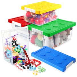 Vicenpal 4 Pack Toy Storage Containers with Lids Brick Shaped Kids Toy Organizer Box Plastic Clear Stackable Bin Chest for Building Block Dolls(Large, Small,Red, Yellow, Blue, Green)