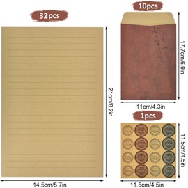 Vintage Letter Writing Sets, 32 Sheets Letter Paper A5 Lined, 10 Pcs Envelopes and One Sheet Sticker, Stationery Paper for Wedding Birthday Party Invitations Easter Christmas