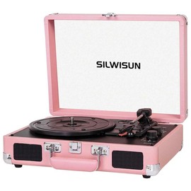 3 Speeds Record Player Vintage Portable Suitcase, Bluetooth Vinyl Phonograph with Built-in Battery, 3.5MM Headphone Jack Belt-Driven Audio Retro minirecord  player - Color: Pink Black