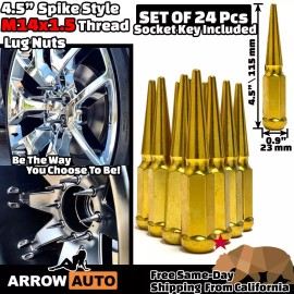 ARROW 24x 4.5" Tall Gold M14x1.5 Spike Lug Nuts & Key Fit Ford F150 & Lincoln
