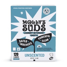Molly’s Suds Laundry Detergent Sheets | Gentle on Sensitive Skin, Powerful Bio-Based Enzymes, Stain-Fighting | Liquidless & Plastic-Free Packaging | 120 Loads (Unscented)