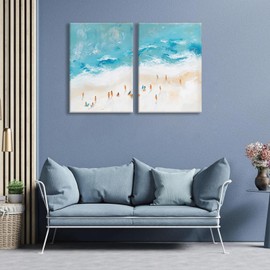 Lyizeba 2 Pieces Coast Beach Canvas Wall Art Summer Swimming Pictures Wall Decor Tiny People in Ocean Prints Coastal Surfing Minimalist Painting Artwork for Ocean view Home Decoration,16x24in