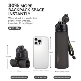 TakeToday Collapsible Water Bottles 21oz 2 Pack, Leak Proof, BPA-Free, Foldable Silicone Travel Water Bottle with Straw Strap for Traveling, Outdoor (Black&Ocean)