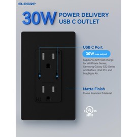 ELEGRP USB Outlet Receptacle, 30W Fast Charge & Power Delivery USB C Wall Outlet, 15 Amp Wall Outlet with USB C Ports, Tamper Resistant, UL Listed, Wall Plate Included, 1 Pack, Matte Black