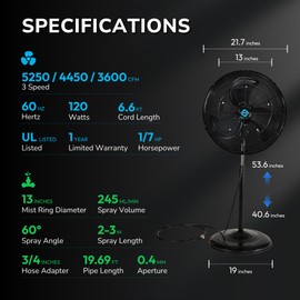 Tornado 20 Inch Outdoor Misting Pedestal Fan, 5250 CFM Oscillating Water-Resistant Fan with 7-Nozzle Misting Kit, 19.69 FT Hose & Brass Adapter for Patio, Garden, Backyard Cooling