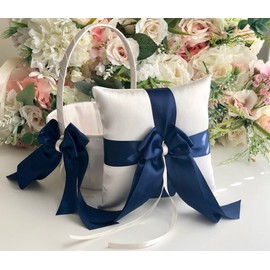 Navy Flower Girls Basket, Flower Girl Gift, Navy Blue Basket, flower girl bag, twig basket, small basket wedding flower girl proposal (White, 1 Pillow)
