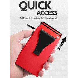 Walvefa Pop Up Card Holder Wallet - Minimalist Slim Stealth Wallet for Men - RFID Blocking Mens Wallet with Money Clip Cash Pocket - Aluminum Metal Push Button Wallet for Notes, Coins(Red)