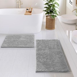Premium Velvet Microfiber Chenille Bathroom Rugs Sets 2 Piece Small & Medium High-Pile | Silver Gray Super Soft Ultra Plush Luxury Underfoot Feel Quick Dry Nonslip Backing Thick Absorbent Bath Mat