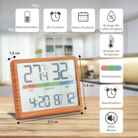 GIFTMARKET - Digital Indoor Thermometer with Hygrometer, Comfort Display, Clock and Calendar, Colour Wood, Ideal for Home, Material ABS, Dimensions 9.3 x 7.2 x 1.6 cm