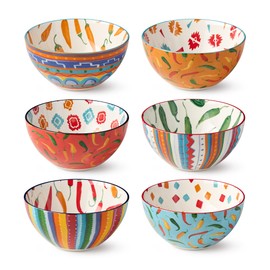 Caliente 28-Ounce All Purpose Bowls, Set of 6, 6.25-Inch, Bold Chili Pepper & Southwestern Patterns, Durable & Stylish for Pasta, Salads, Soups, Snacks, and Festive Dining