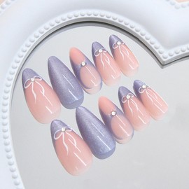 French Tip Press on Nails Medium Almond Fake Nails with Designs Rhinestone Glue on Fingernails Bow Artificial nails Glitter Full Cover Stick on Nails for Women 24Pcs