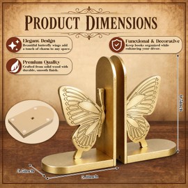 Wooden Butterfly Bookends, Solid Wood, Gold Finish Book Ends, Pair