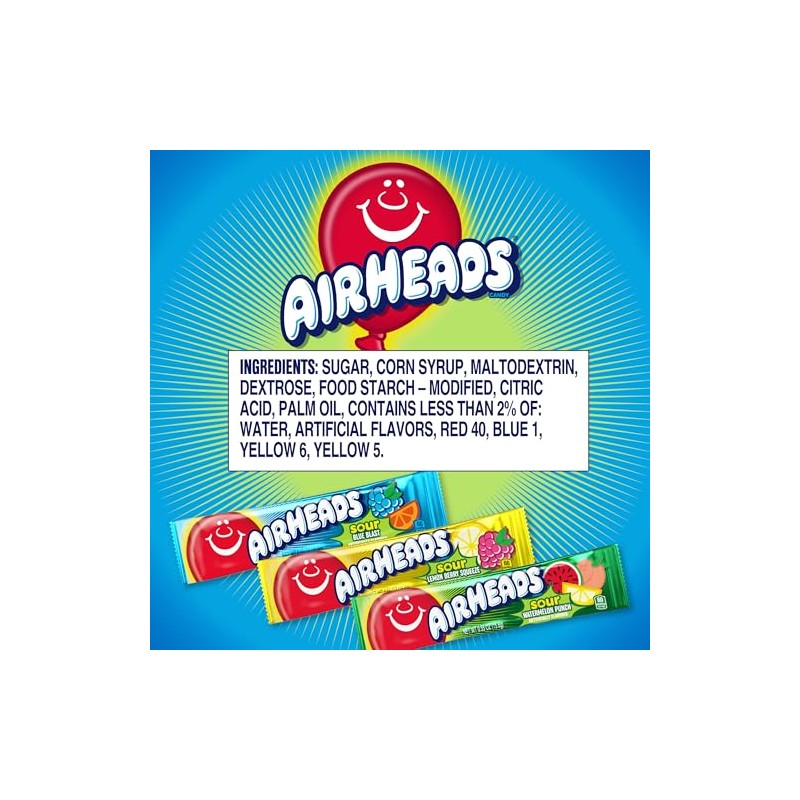 Airheads Sour Mini Candy Bars, Taffy Candy Assorted Bag, Individually