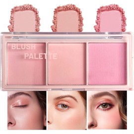 Paleta de Colorete de 3 Colores, Rubor Facial con Brillo Brillante, Paleta de Rubor Mineral mate con Pincel, Colorete de Maquillaje Facial Profesional, Paleta de Rubor de Contorno y Resaltado