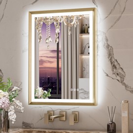 Keonjinn Gold LED Bathroom Mirror 20 x 28 Inch with Frontlit & Backlit, Lighted Mirrors Metal Framed for Wall, Stepless 3 Colors Lights, Anti Fog, Tempered Glass, Brighter and No Dark Corner