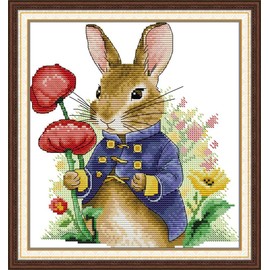 Meecaa Cross Stitch Kits 14 Count Stamped, Flower Rabbit Poppy Animal Embroidery Kit with Accessories Pre Printed（26×27CM (Flower)