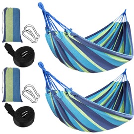 Windyun 2 Sets Cotton Canvas Hammock Large Double Hammock 400lbs Portable Camping Hammocks for Outside with Carrying Bag Sturdy Metal Knot Ropes and Tree Straps for Travel Patio Garden Backyard (Blue)