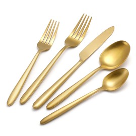 DEACORY Silverware Set Flatware Set Matte Gold Stain Polished Cutlery Set Brushed Finished Heavy Brass Drip Handle Stainless Steel 40 Pieces Dishwasher Safe Service for 8