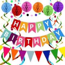 OWill Reusable Happy Birthday Decorations Set, Rainbow Happy Birthday Banner, Birthday Bunting, Hanging Swirls, Paper Pom Poms Honeycomb Birthday Party Decorations, Birthday Decoration for Women Girls