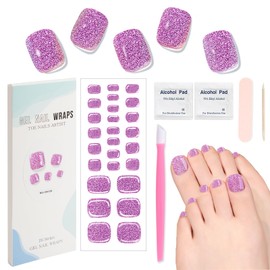 XEAOHESY 26pcs Semi Cured Gel Toe Nail Strips, Pedicure Nail Strips, Toe Nail Stickers, Needs to Be Cured, Come With Nail File, Wood Cuticle Stick, Prep Pads, Plastic Press Stick（Purple+Glitter）