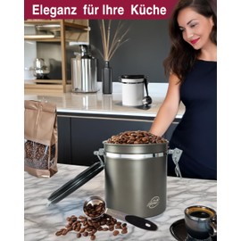 Pro@Home43® - Coffee Canister Airtight 500 g - Gun Metal - Coffee Bean Storage Container 1.5 L Made of Stainless Steel with Calendar Function, Includes Dosing Spoon, Delivered in Gift Box