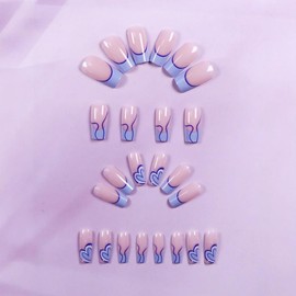 Blue French Tip False Nails, Medium Long Ballerina Press on Nails with Glue 24pcs Heart Design Fake Nails Long Lasting Gift for Women Girls (Blue, 24 g (Pack of 1))