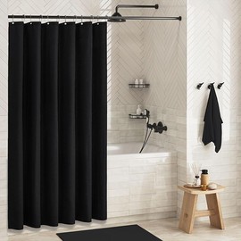 BIMENDOS Cortina de Baño para Ducha,Cortina de Ducha Tipo Gofre con 12 Ganchos,ortina de Regadera de Tela de Algodón Mezcla,para Cabina de Ducha de Bañera, Resistente al Agua - 180 x 180cm (Negro)