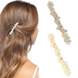 MOTIBACK Pearl Hair Clips Barrettes for Women - 4PCS Elegant Gold French Barrettes with Pearls & Rhinestones, Wedding Bridal Hair Clips for Thin & Thick Hair (2 Pearl + 2 Crystal)