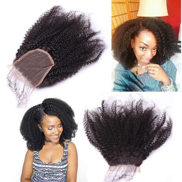 Afro Kinky Curly Lace Closure Human Hair 4"x4"Size Free Part Top Full Frontal Closure Piece with Baby Hair Remy Hair Extension 10"inch