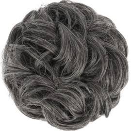 FESHFEN Messy Bun Hair Piece - 1 PCS Elastic Wavy Curly Hair Bun Scrunchies Extensions Synthetic Chignon Hairpieces for Women, Dark Salt and Pepper 1.5 oz