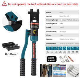Nuiu YQK-120 Hydraulic Crimping Tool 8T, Wire Crimper for Battery Cable Terminals 10-120mm²(8 AWG to 4/0 AWG) with 8PCS Hex Dies, 16mm Stroke,180°Swivel Head - Professional Electrician Crimper(Blue)