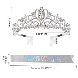 Birthday Crown and Sash for Gilr,Sliver "Birthday Girl" Sash & Rhinestone Tiara Set and Sashes for Girl's Birthday Deco