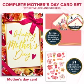 Decorably Decorably Gold Foiled and Textured 5x8in Individual Happy Mothers Day Card Set with Ribbon and Floral Designs, Card Set with Envelope and Stickers, with Printed Message Inside