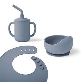 Ergobaby Children's Basic Tableware Set for Babies and Toddlers from 6 Months, Baby Tableware Set with Cup, Bowl and bib, Without BPA, PVC and phthalates, Soft Blue