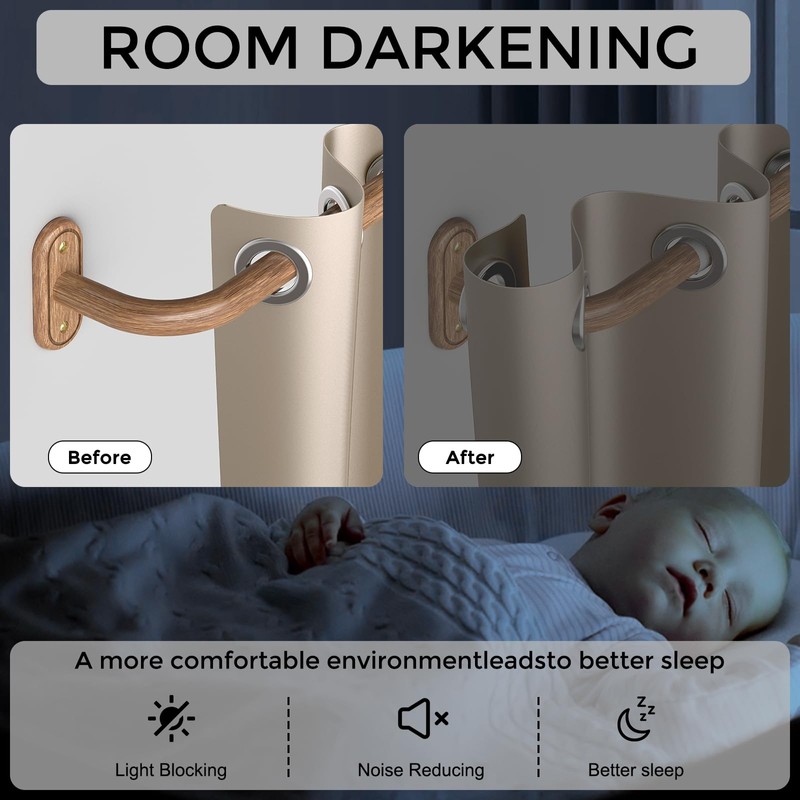 JRZOO 2 Pack Wrap Around Curtain Rods Wood, Blackout Heavy