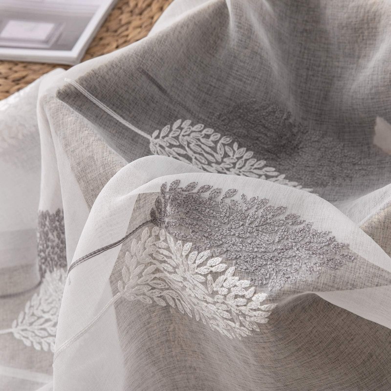 MIULEE Living Room Curtains, Transparent, Beautiful Grey and White Leaves