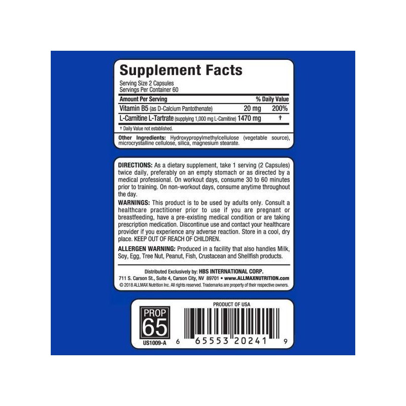올맥스 뉴트리션 엘카르니틴 타르트레이트 120정 비타민B5 Allmax Nutrition L-Carnitine Tartrate