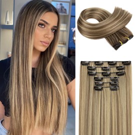 FLUFYMOOZ 6PC Clip in Hair Extensions 24" Straight Long Extensions for Women Synthetic Hairpiece (Brown with Blonde Highlights)