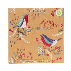 Tom Smith - Premium Square Kraft Design Cards - Christmas Cards Multipack Robin Illustration - Recycled Materials - Christmas Card, Envelopes & Sticker Set - Plastic Free Card Box - 12 Cards